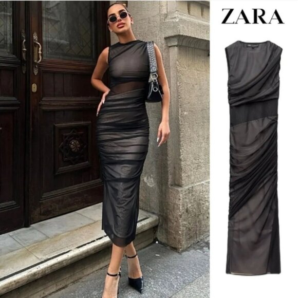 Zara Tulle Mixed Maxi Dress Black Grey Size Medium Blogger Fav - Picture 4 of 13